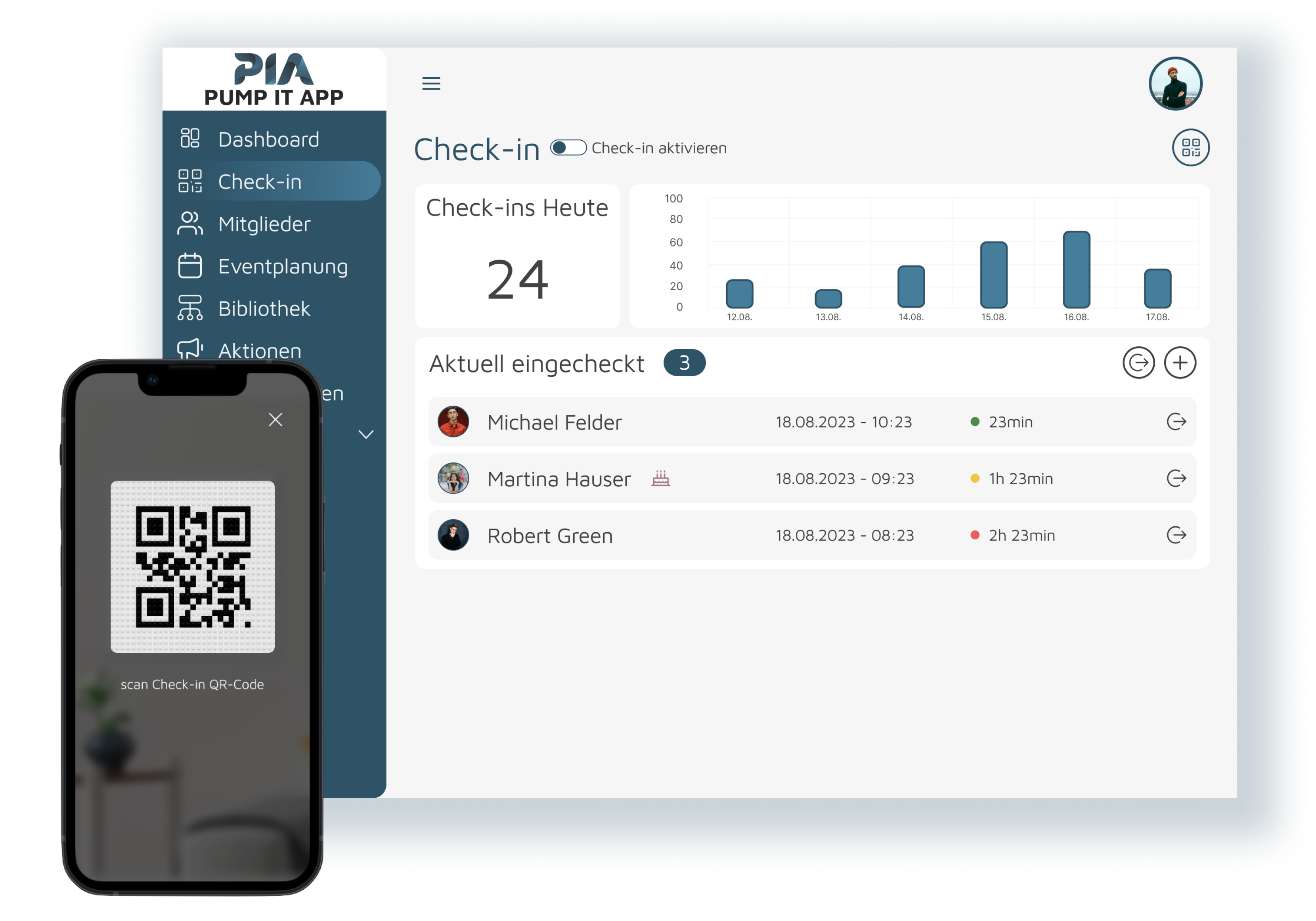Showcase der App von Pump it App Check-In Modul auf Mobile und Tablet